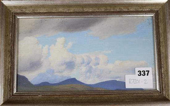 Modern British, oil on canvas board, clouds over mountains, 5.5 x 10in.